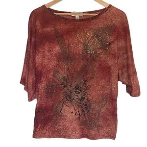 Women's Dressbarn Sparkly Floral Shirt Three Quarter Sleeves Petite Medium